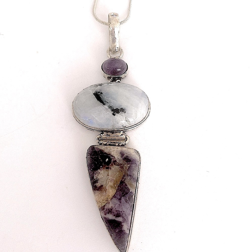 2 inch, Fluorite, Rainbow Moonstone, Amethyst pendant on a silver chain.